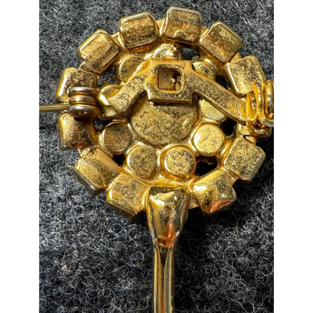 Vintage Gold Tone Sunflower Rhinestone Brooch Yellow Amber Floral Stem Pin 2.5" - Picture 5 of 6